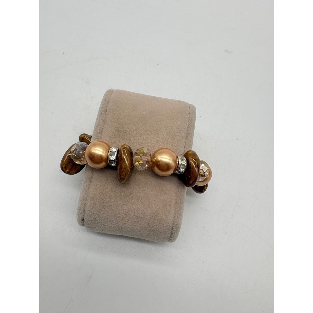 Brown Copper Faux Pearl Glass Rhinestone Stretch Bracelet